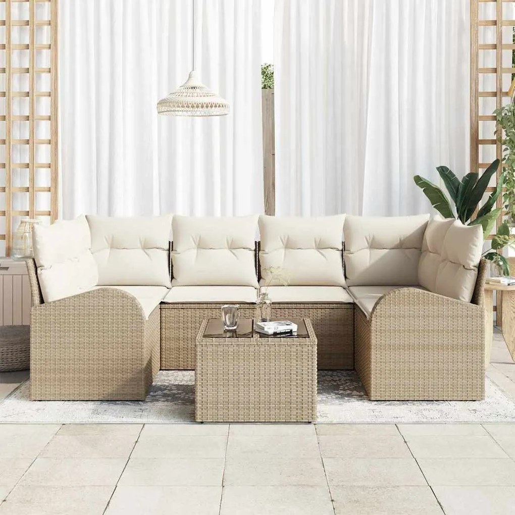 Conjunto de Sofá de 7 Peças para Jardim com Almofadas Bege Poliratan