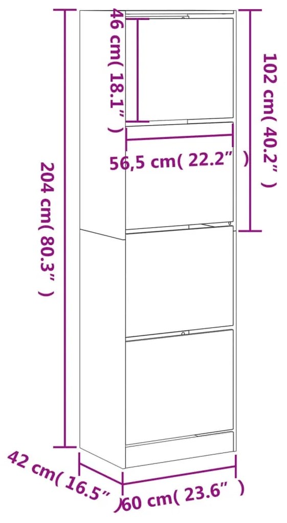 Sapateira 4 gavetas articuladas 60x42x204 cm carvalho sonoma