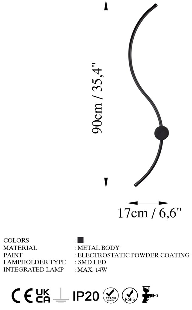Candeeiro de Parede Uyan – Preto – 90x17x10 cm