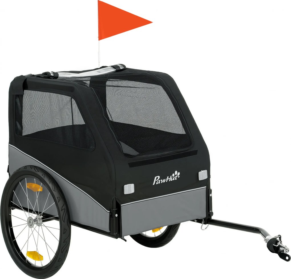 Reboque para bicicleta 139 x 72 x 88 cm para cães, fixação universal, refletores, bandeira, trela, cinzento e preto