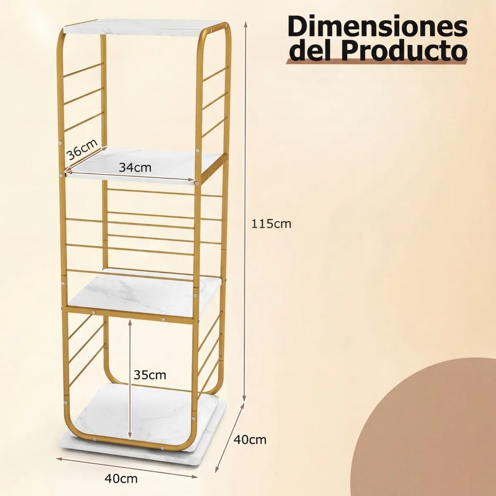 Estante giratória de 4 níveis Torre 360° com estrutura metálica 40 x 40 x 115 cm economiza espaço de canto para escritório, casa, sala, branca+Dourada
