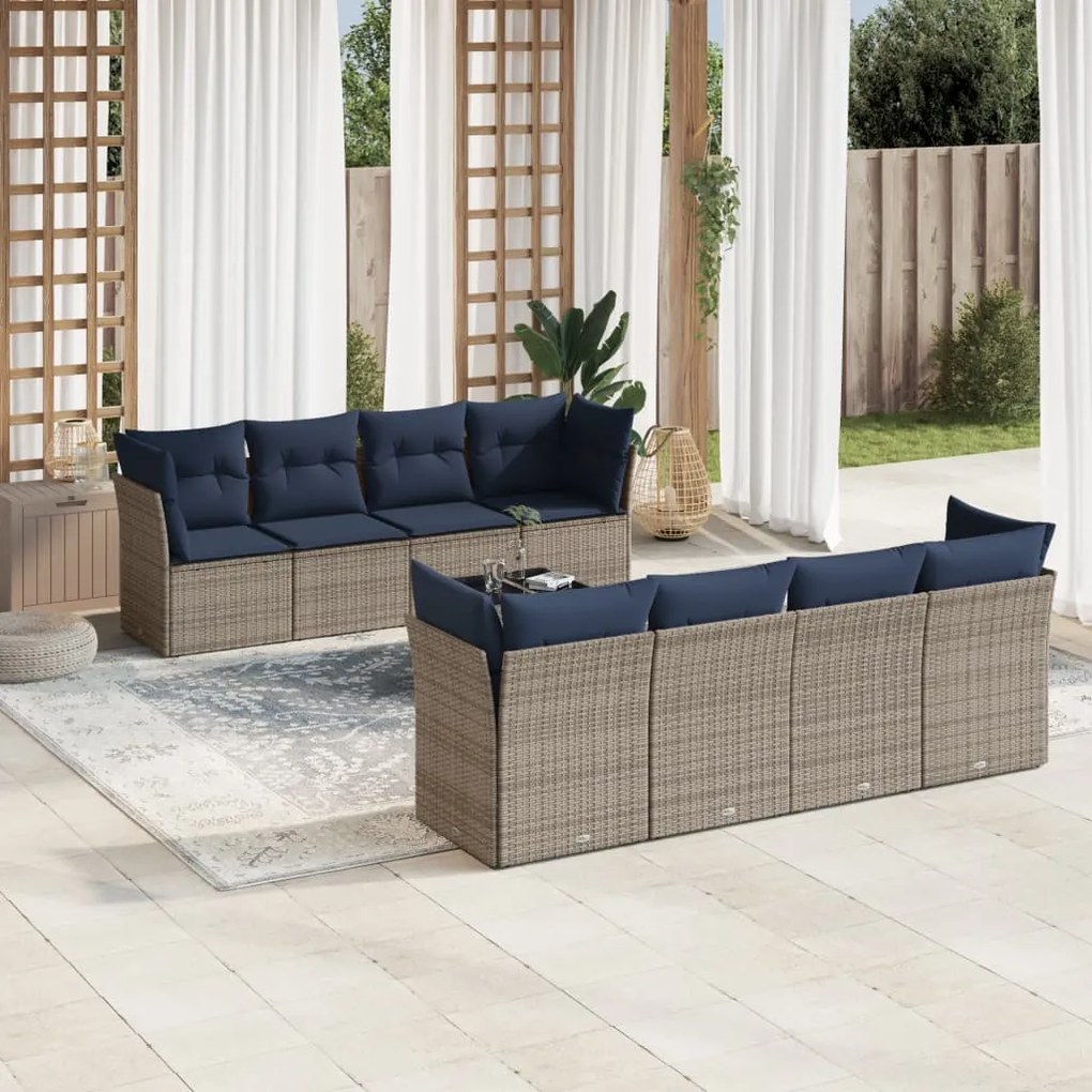 vidaXL 9 pcs conjunto sofás p/ jardim c/ almofadões vime PE cinzento
