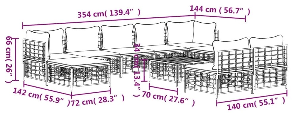 10pcs conjunto lounge de jardim c/ almofadões vime PE antracite