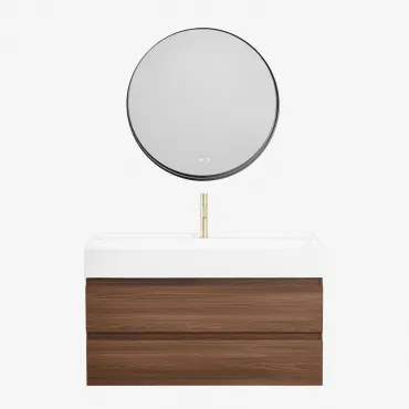 Conjunto De Móvel De Casa De Banho Suspenso Em Madeira E Folha De Freixo Com Lavatório Integrado Ona Madeira Escura & Redondo Led - Sklum