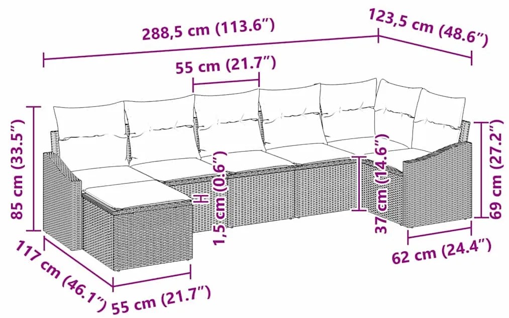 Conjunto de Sofá de Jardim de 7 Peças com Almofadas Bege em Rattan Pol