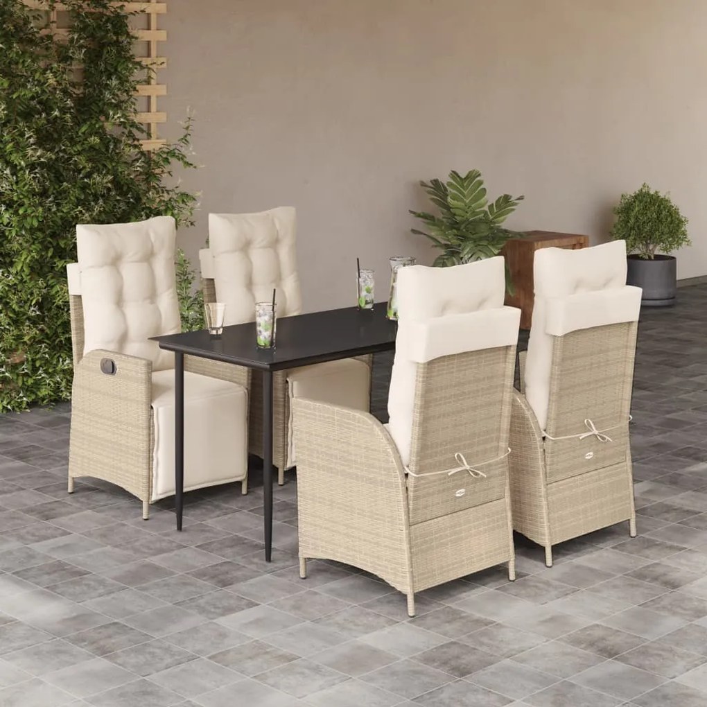 5 pcs conjunto de jantar p/ jardim com almofadões vime PE bege