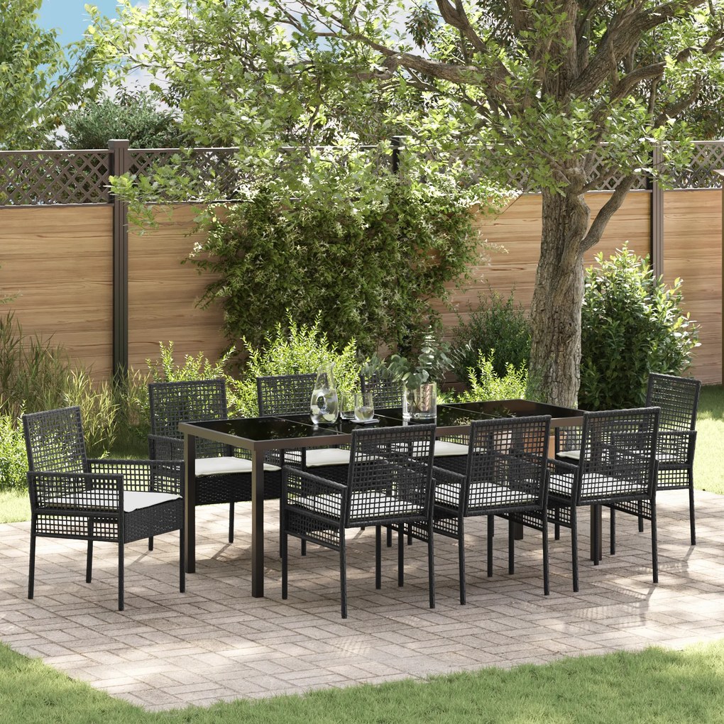 vidaXL Conjunto de Jantar para Jardim de 9 Peças com Almofadas Preto Rattan Poliéster