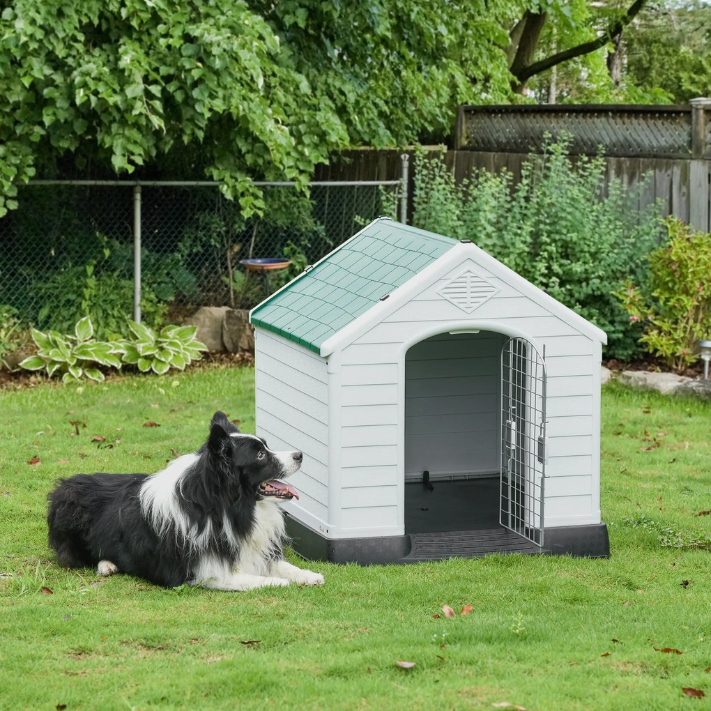 PawHut Casota de Cães Medianos com Porta Metálica Fechadura Teto Inclinado e Base Elevada para Interior e Exterior 78x87x81cm Branco e Verde