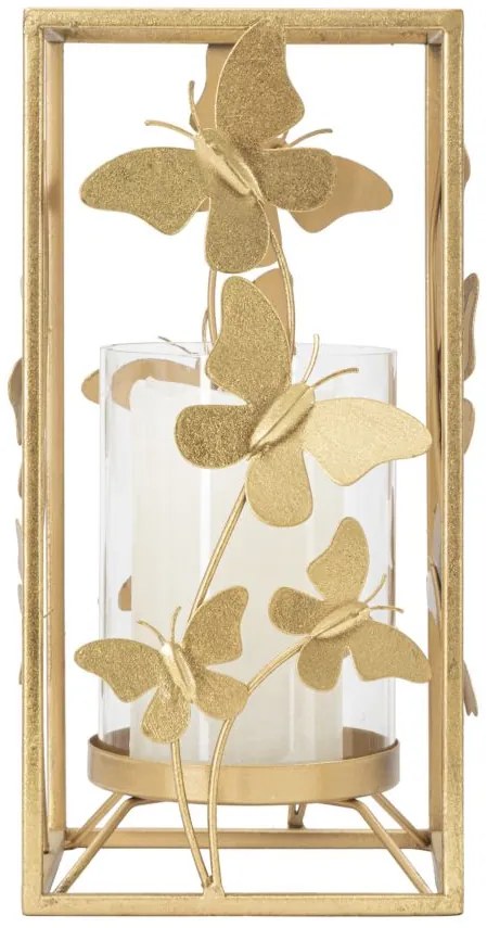 Castiçal "Glam Butterfly" em Metal Dourado – 14x14x29 cm