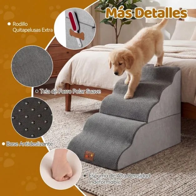 Escada Espuma Animais estimação 5 Degraus 85 x 40,5 x 56 cm, Rampa Transformável Alta Densidade Base Antiderrapante Capa Lavável  Cinza