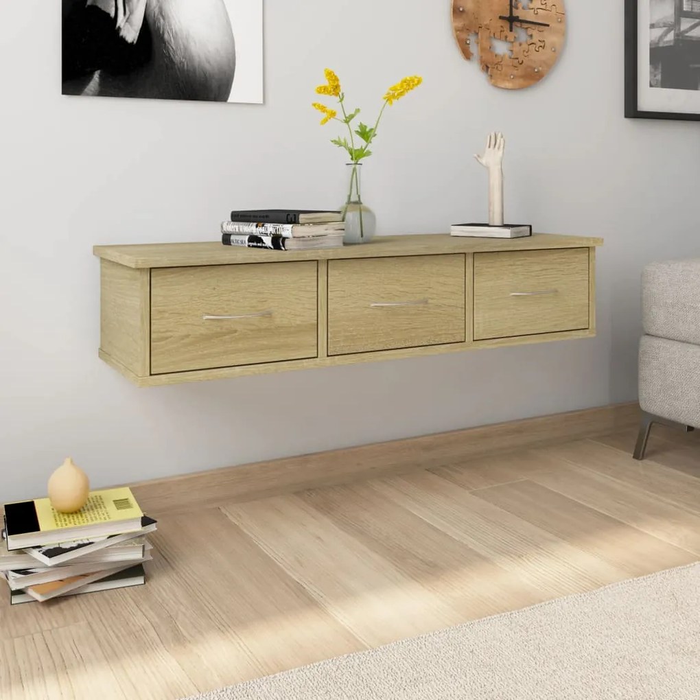 800597 vidaXL Prateleira gavetas parede 88x26x18,5 cm contraplacado carvalho