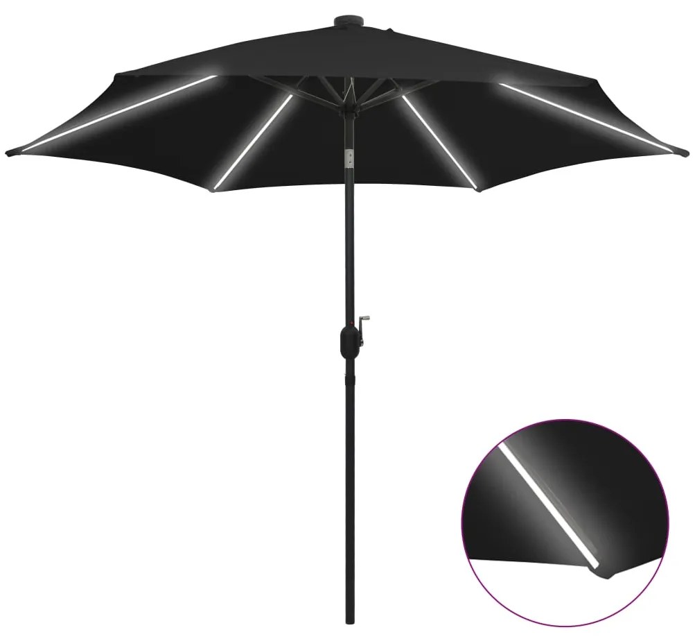 Guarda-sol de jardim c/ luzes LED/poste alumínio 300 cm preto