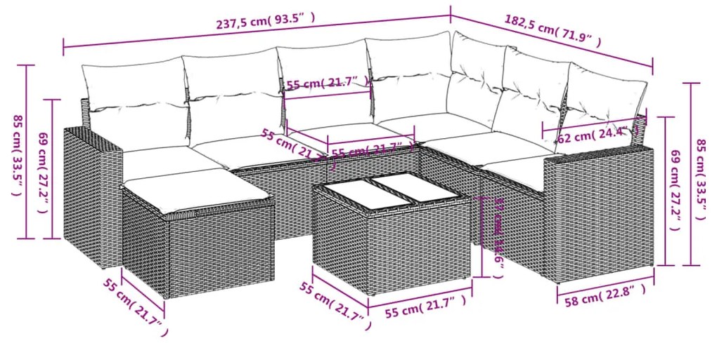 8 pcs conjunto sofás de jardim c/ almofadões vime PE castanho