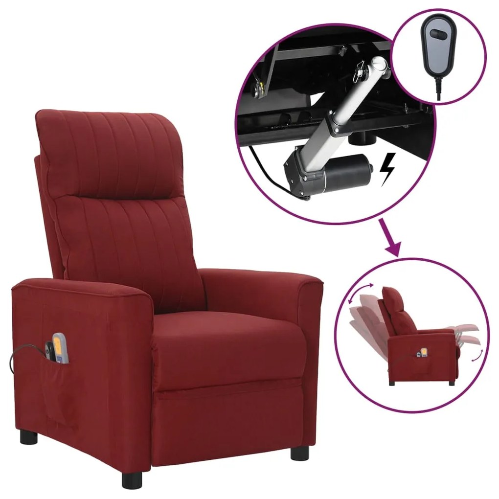 vidaXL Poltrona de massagens elétrica reclinável tecido vermelho tinto