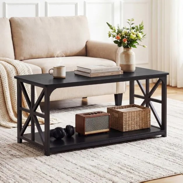 Mesa de centro de estilo industrial 109 x 50 x 48 cm, 2 níveis, prateleira aberta, estrutura metálica, para sala de estar, preta