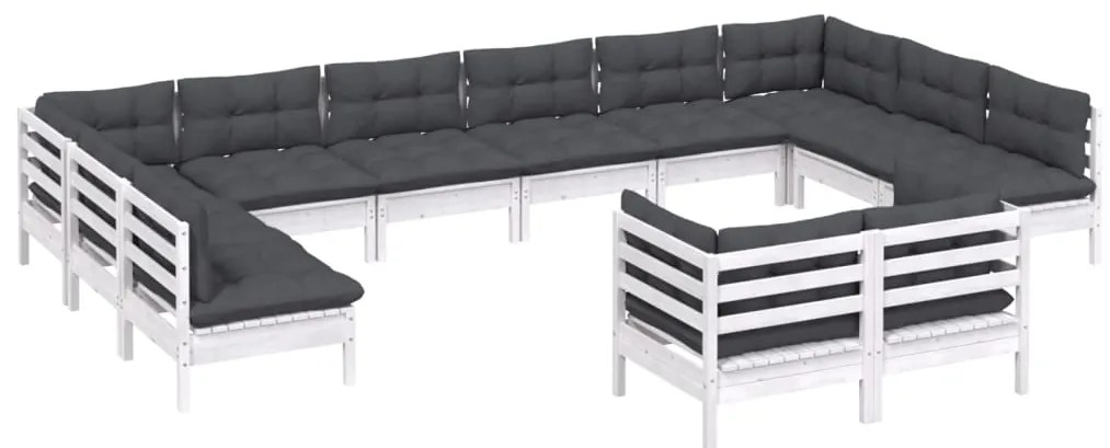 12 pcs conj. lounge de jardim c/ almofadões pinho maciço branco