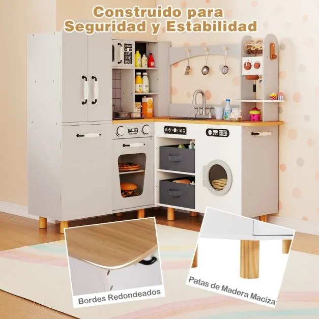 Cozinha de brincar de canto 96 × 91 × 105 cm em madeira com frigorífico de porta dupla, cafeteira, máquina de lavar roupa, 12 acessórios, luzes e sons