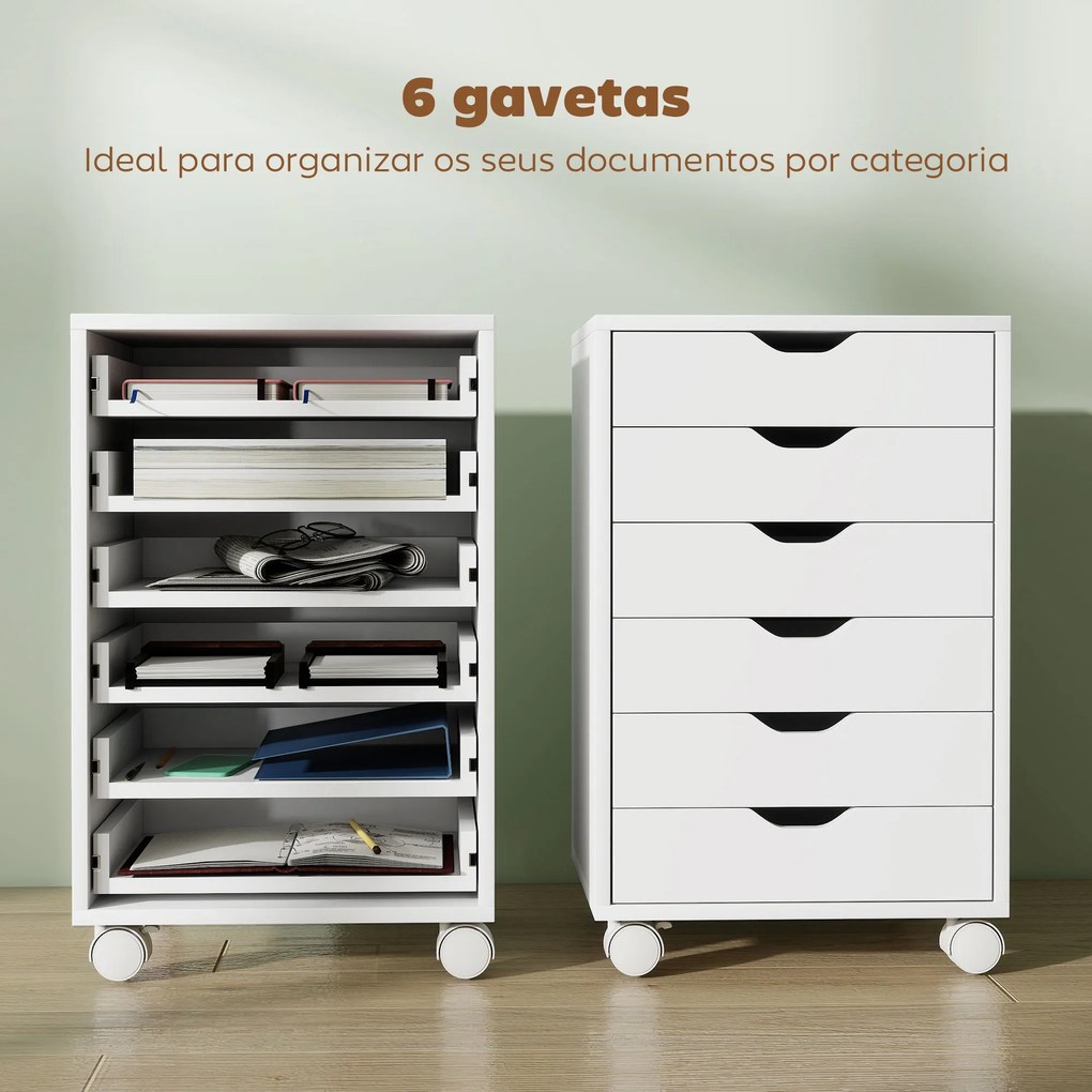 Bloco de Gavetas Móvel Arquivador com 6 Gavetas Suporte para Impressora com Rodas 40x35x63 cm Branco