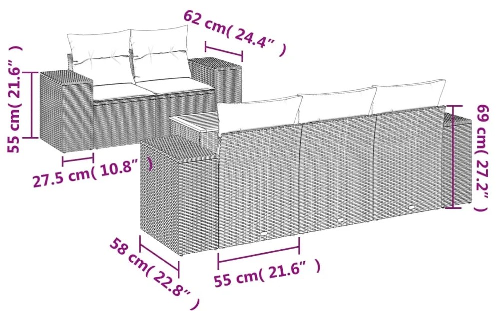 6 pcs conjunto sofás de jardim c/ almofadões vime PE preto