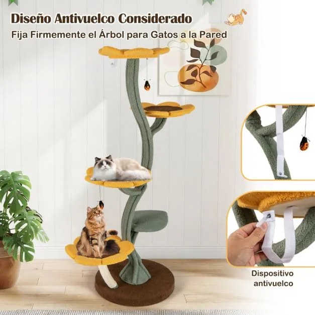 Arranhador para gatos com vários níveis forma girassol com 4 plataformas em forma de flor Postes para arranhar Base amarela