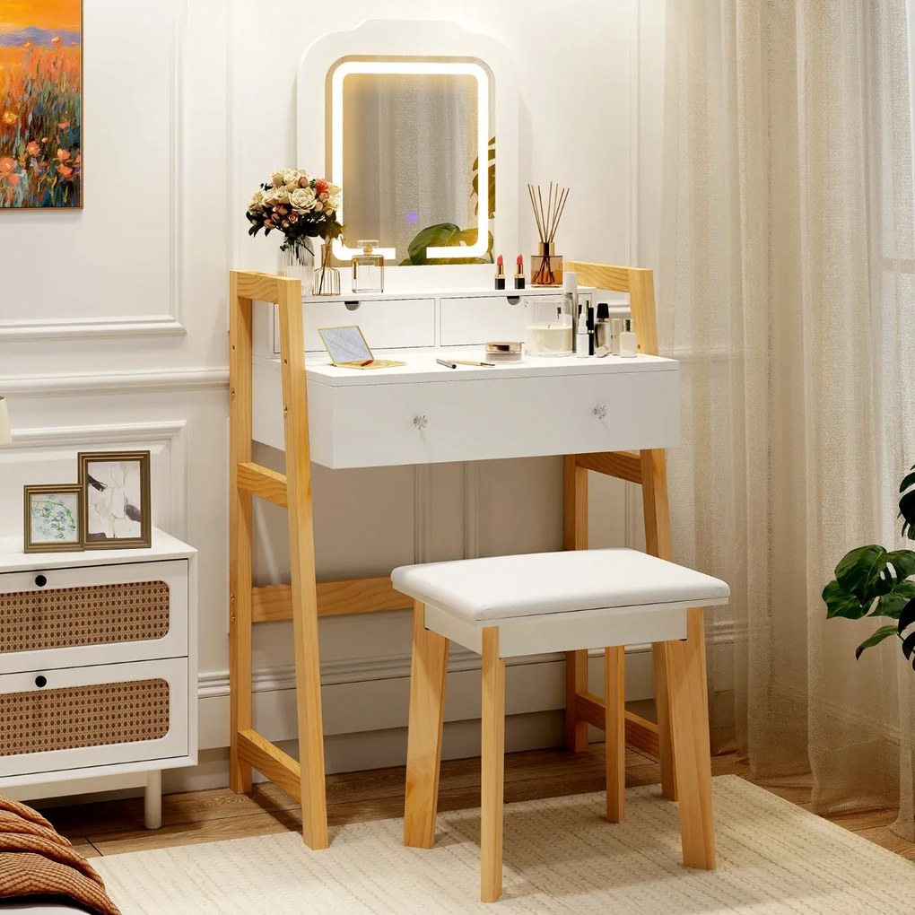 Toucador de maquilhagem em madeira com banco e espelho e 3 gavetas, toucador 64 x 41 x 137 cm, branco