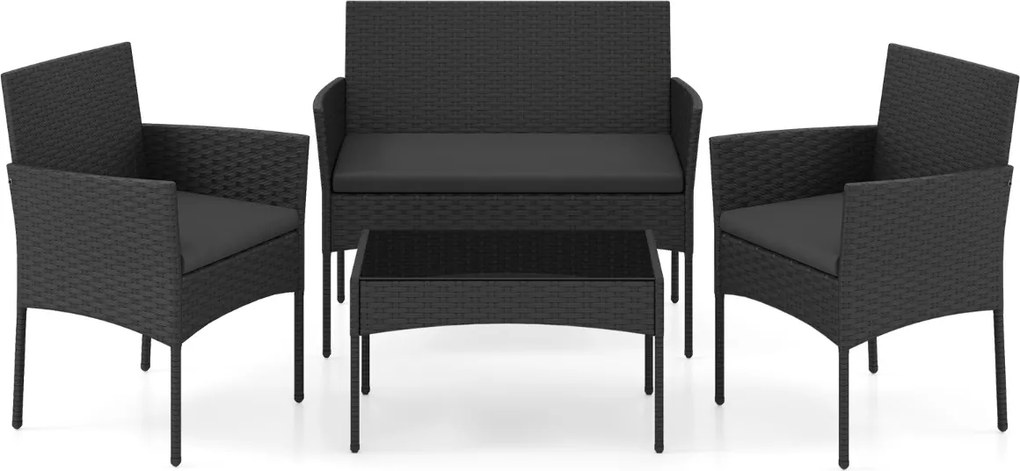 Conjunto de jardim em rattan de 4 peças, com 2 poltronas, sofá de 2 lugares, mesa auxiliar e almofadas de espuma, para alpendre, pátio ou terraço, Pre