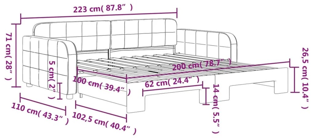 Sofá-cama com gavetão 100x200 cm veludo rosa