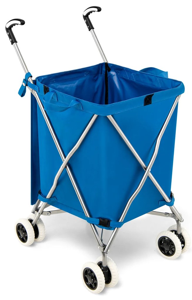Carrinho de compras dobrável de 90L, 4 rodas, freio e direção 360°, estrutura de aço em formato de X, carga máxima: 54 kg, rosa