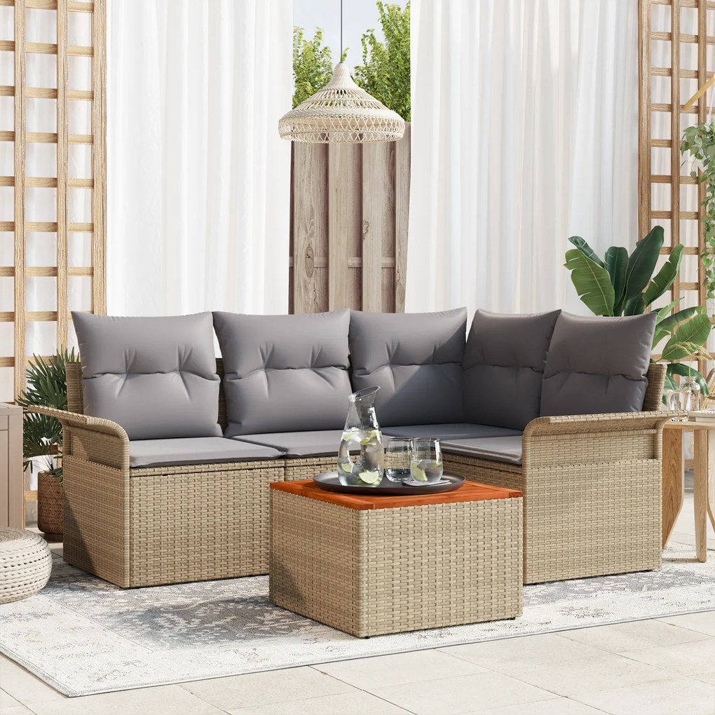 vidaXL Conjunto de Sofá de Jardim de 5 Peças com Almofadas Bege Poliratan Acácia