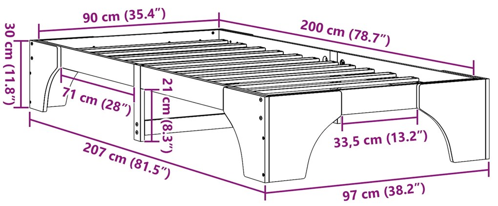 Estrutura de Cama Castanho Encerado Madeira Sólida 90 x 200 cm