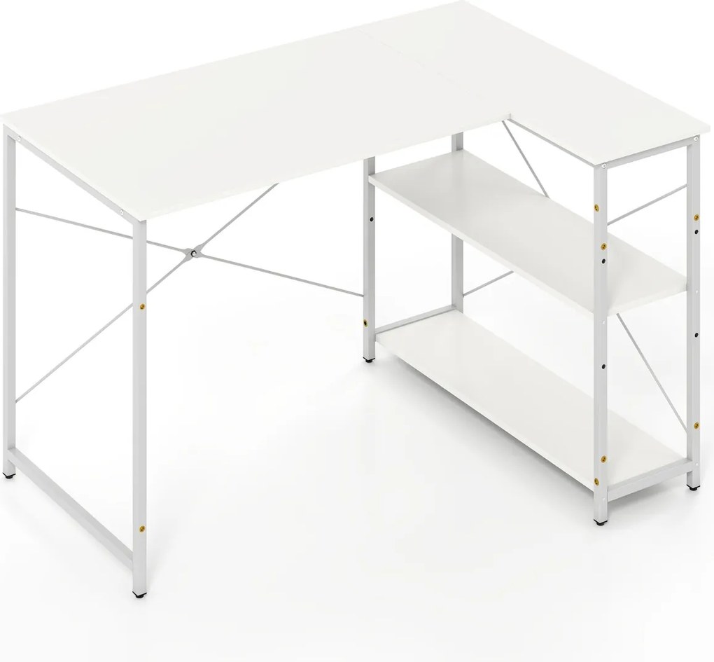 Secretária em forma de L 118 x 86 x 75 cm com prateleira ajustável e estrutura metálica resistente para escritório Branco