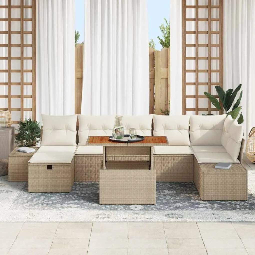 Conjunto de Jantar de Jardim com 8 Peças e Almofadas Beges em Rattan S