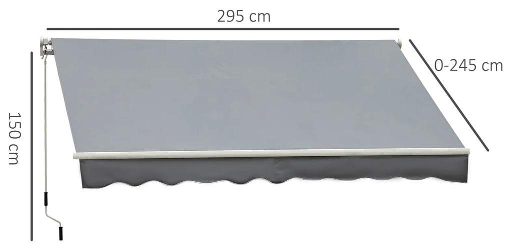 Toldo Manual Retrátil com Manivela 295x245cm Toldo Enrolável Alumínio com Proteção Solar para Janela Portas Balcão Terraço Exterior Cinza