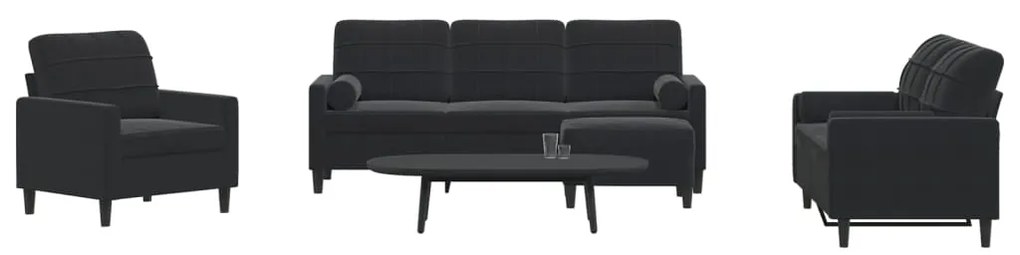 4 pcs conjunto de sofás com almofadões e rolos veludo preto