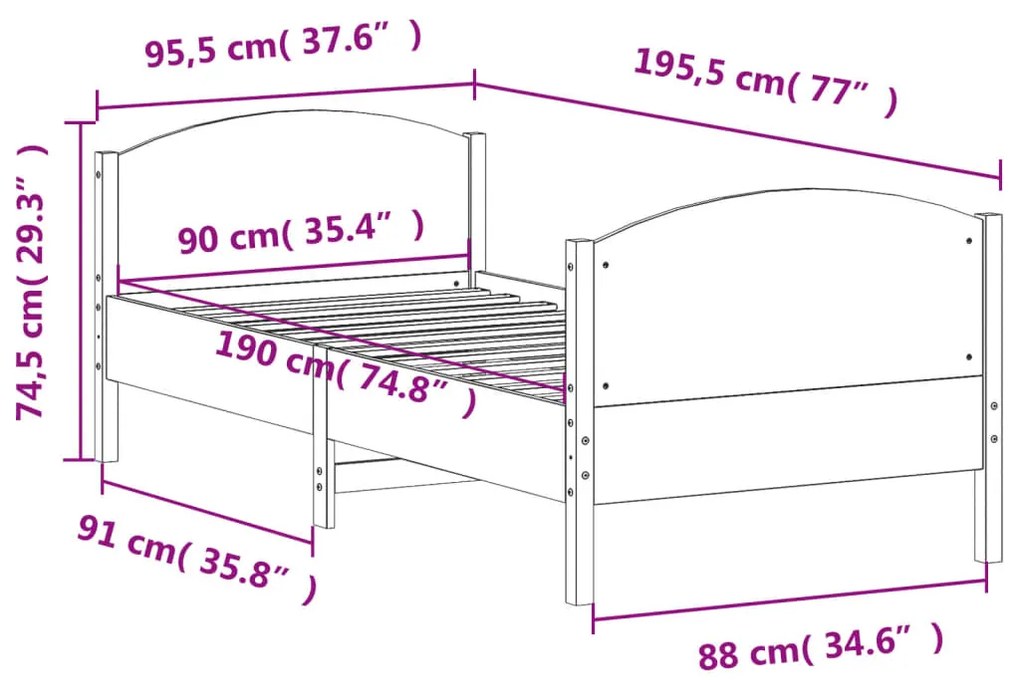 Estrutura de cama com cabeceira 90x190 cm pinho maciço branco