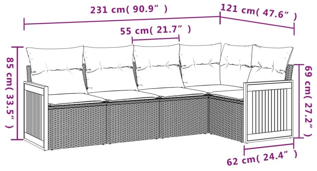 5 pcs conjunto sofás de jardim c/ almofadões vime PE cinzento