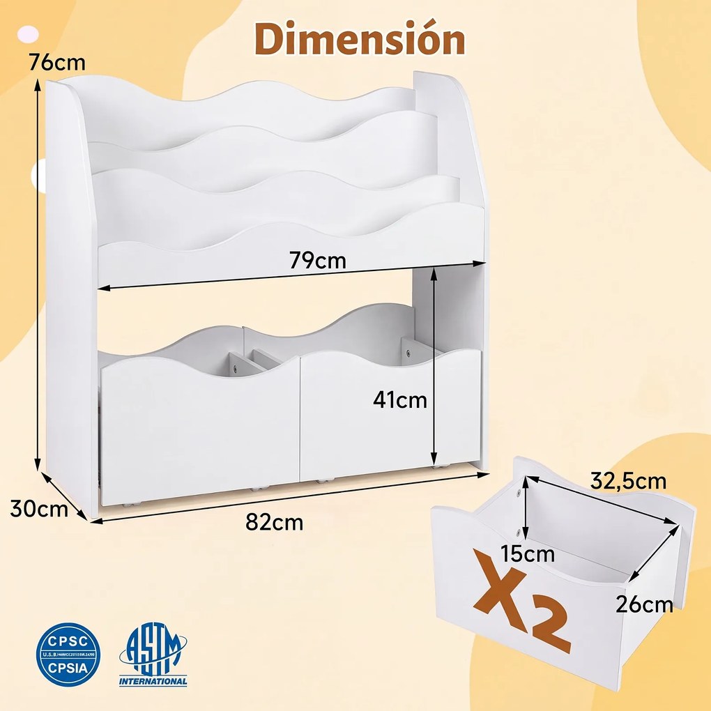 Estante Infantil com Gavetas, 82 x 30 x 76 cm, Estante de 3 Níveis, Branco