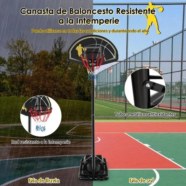 Cesto de basquetebol exterior com altura ajustável em 12 níveis, portátil e móvel com rodas, 2 redes e base recarregável, 130-305 cm, preto