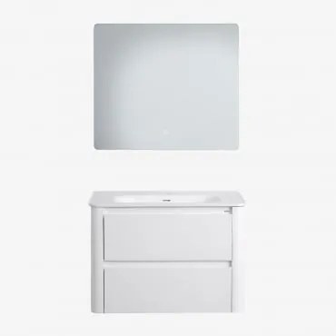 Conjunto De Móvel De Casa De Banho Suspenso Em Madeira Com Lavatório Integrado Egerton Branco & Led Retangular E Anti-embaciamento 80x70 Cm - Sklum