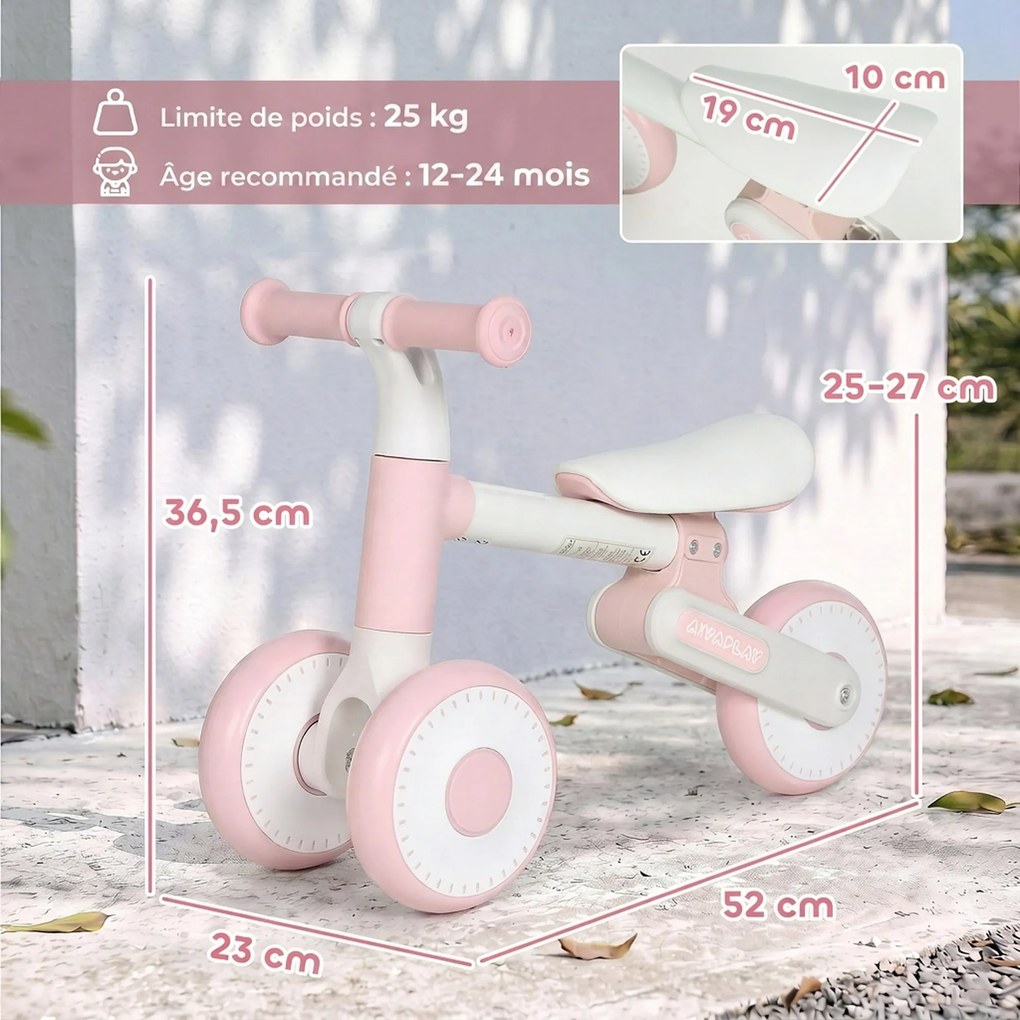 Bicicleta sem Pedais Dobrável para Bebé, 52 x 23 x 36,5 cm, Assento Ajustável, Cor-de-rosa