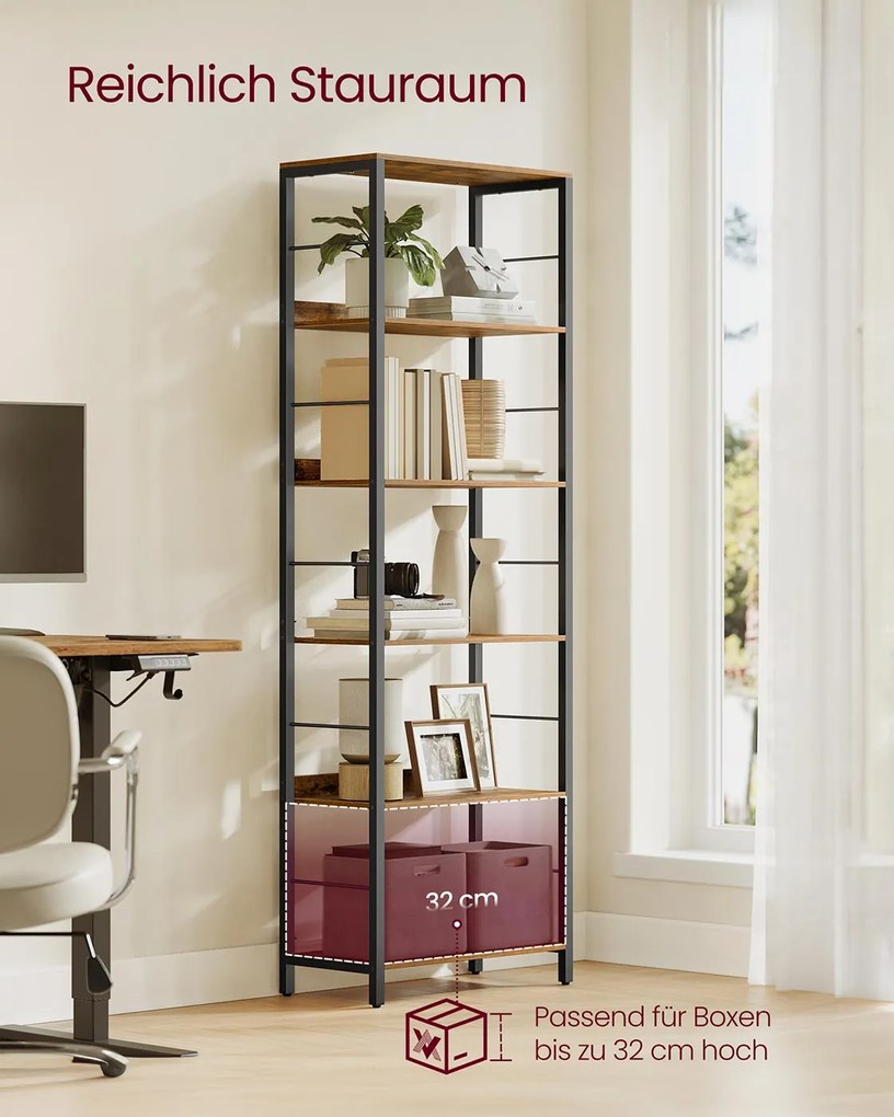 Estante com 6 prateleiras e painéis traseiros em design industrial 30 x 60 x 178 cm Castanho vintage + Preto