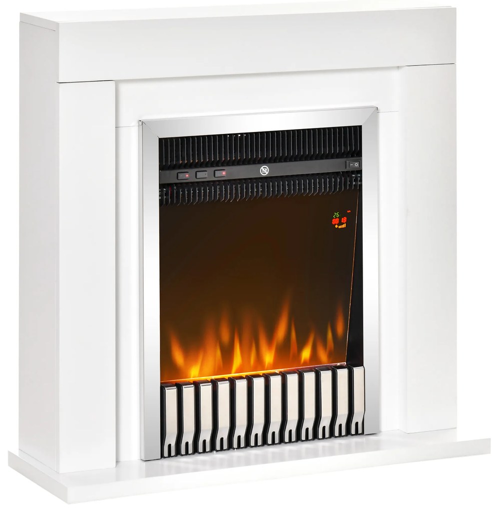 HOMCOM Lareira Elétrica Potência 1000/2000W com Chama Realista Termostato Controle Remoto Temporizador e Proteção de Superaquecimento para 20-25m² 79x26x77,5cm Branco