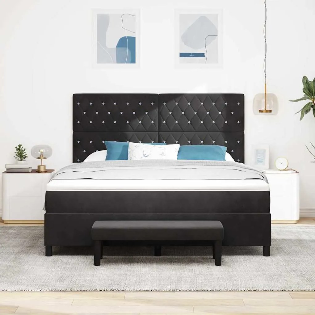 Cama com Box Spring com Colchão e Banco Preto 180x200 cm Veludo