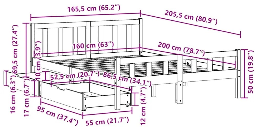 Cama sem colchão 160x200 cm madeira de pinho maciça branco