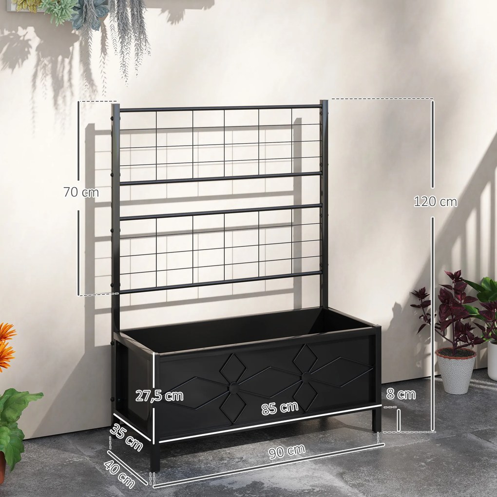 Floreira elevada para jardim com treliça, em aço galvanizado com padrão em losango, 90 x 40 x 120 cm, preta