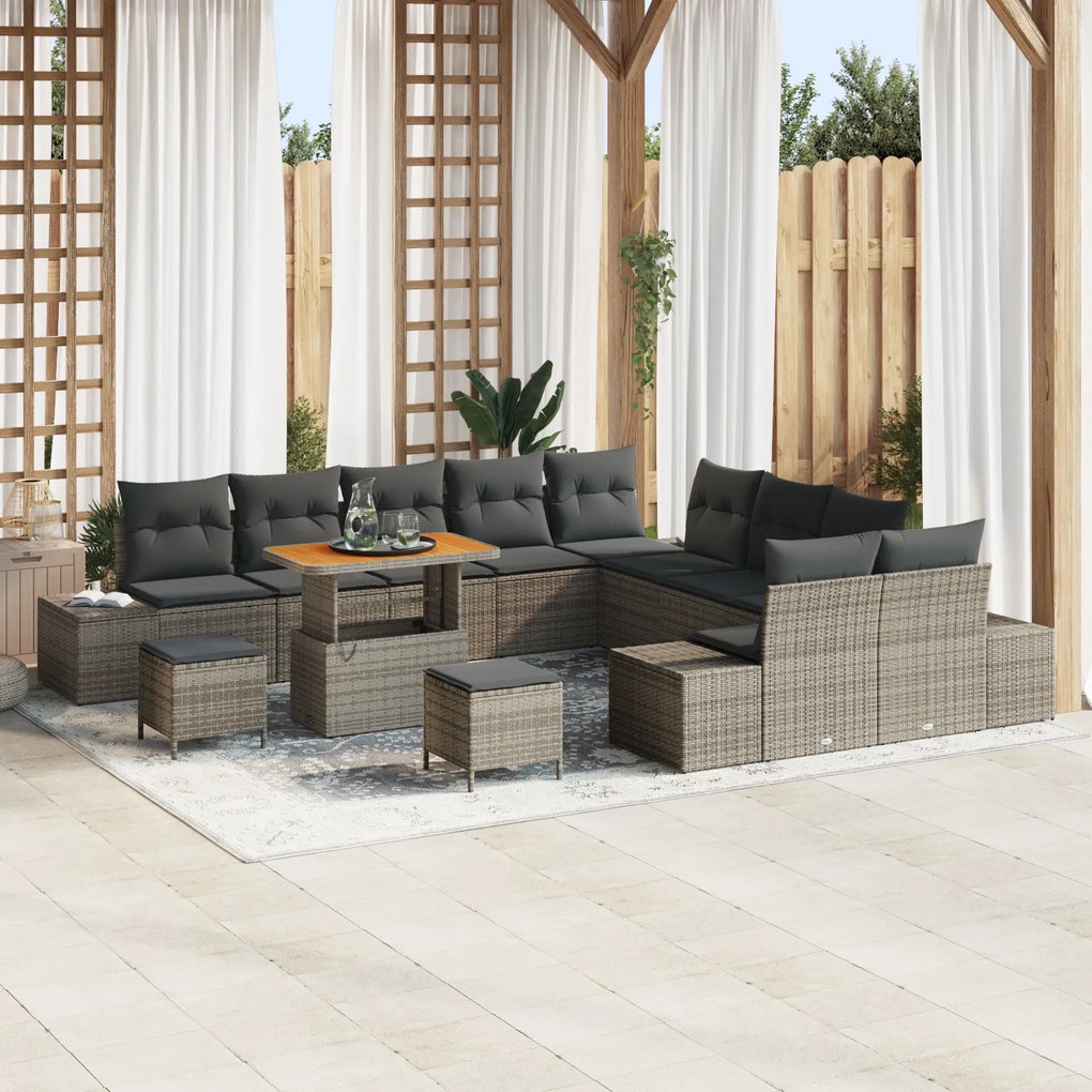 Conjunto de Sofá Jardim vidaXL de 13 Peças com Almofadas Cinza Rattan Sintético Acácia
