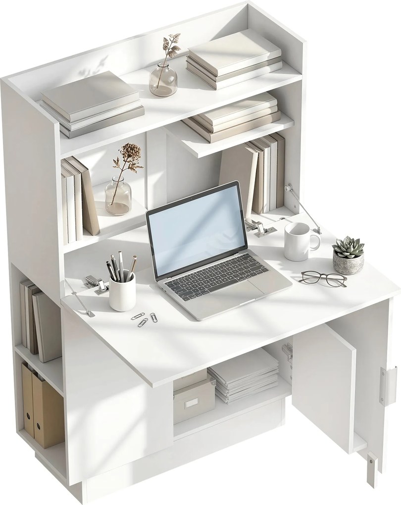 Secretária dobrável para computador 80 x 30 x 128 cm, com tampo rebatível, prateleiras e armário, branca