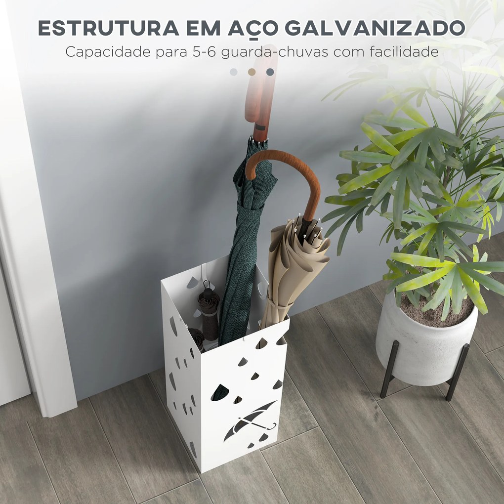 Suporte para Guarda-Chuvas com 4 Ganchos e Bandeja de Gotejamento Amovível Porta Guarda-Chuvas 15,5x15,5x41 cm Branco