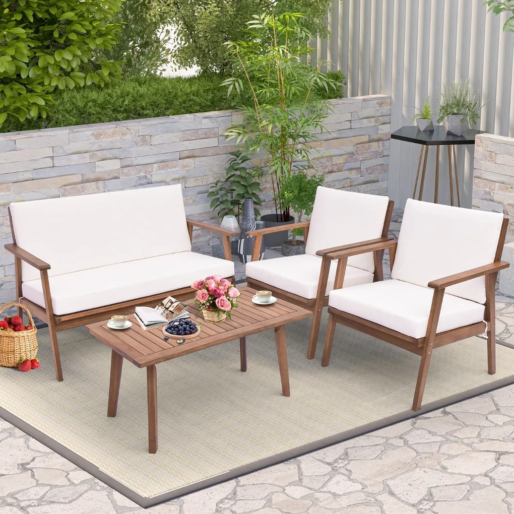 Conjunto de 4 peças: 2 cadeiras simples, 1 sofá de dois lugares e 1 mesa de centro com braços e assento acolchoado branco