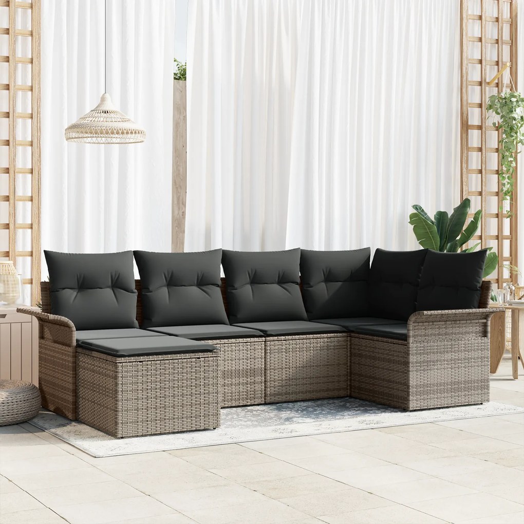 Conjunto de Sofás de Jardim 6 Peças com Almofadas Cinza Rattan Poly, S